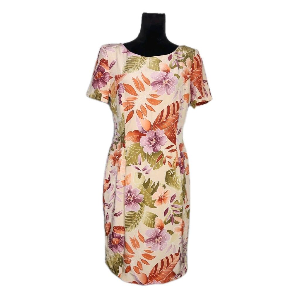 Vintage 1990s Maggy London 100% Silk Hawaiian Shift Knee Length Dress SZ 10 - Picture 1 of 9